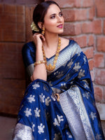 Saree Mall Women's  Blend Blue Woven Design Designer Saree With Blouse Piece-SITA1010