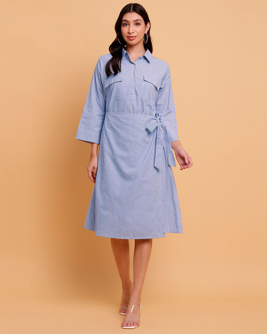 Blue Stripe Wrap Dress with two front pockets-2889