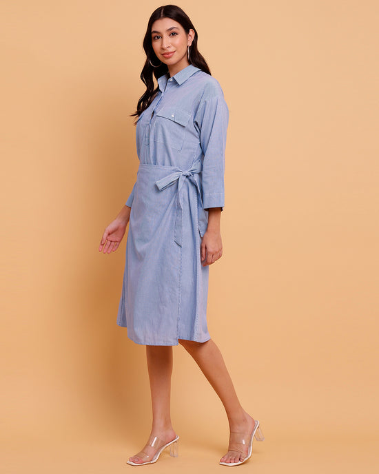 Blue Stripe Wrap Dress with two front pockets-2889