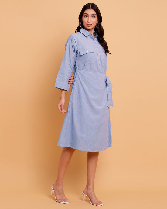 Blue Stripe Wrap Dress with two front pockets-2889