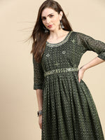 Women Abstract Green Anarkali Kurta with Belt-SKC-052611-Green