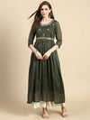 Women Abstract Green Anarkali Kurta with Belt-SKC-052611-Green