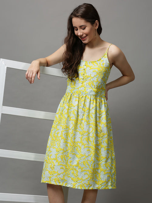 Women Shoulder Straps Printed Fit and Flare Yellow Dress-SKF-100-1-Yellow