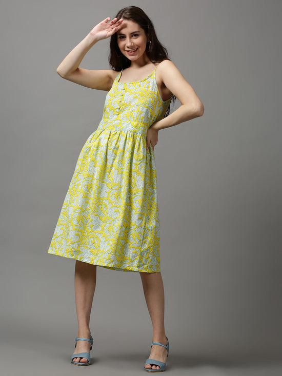 Women Shoulder Straps Printed Fit and Flare Yellow Dress-SKF-100-1-Yellow