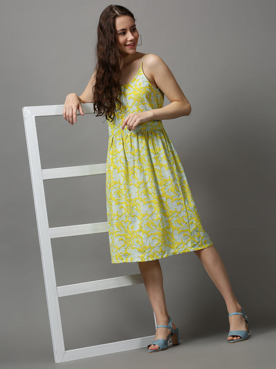 Women Shoulder Straps Printed Fit and Flare Yellow Dress-SKF-100-1-Yellow