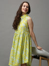 Women Printed Empire Yellow Dress-SKF-166-3-Yellow