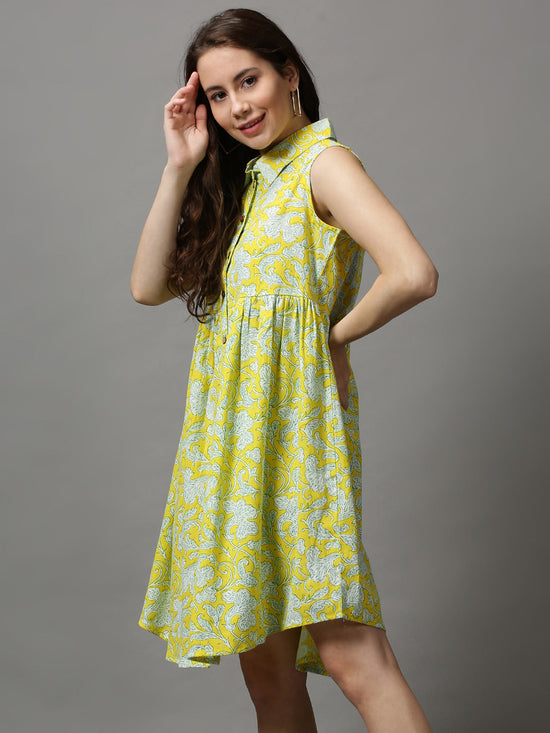 Women Printed Empire Yellow Dress-SKF-166-3-Yellow