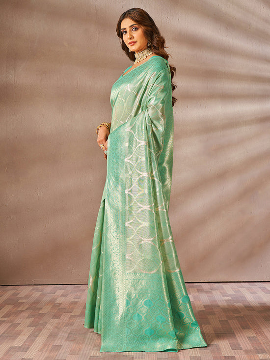 Saree Mall Women's Cotton Sea Green Woven Design Designer Saree With Blouse Piece-SMIKSHA88901