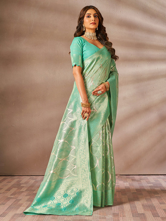 Saree Mall Women's Cotton Sea Green Woven Design Designer Saree With Blouse Piece-SMIKSHA88901