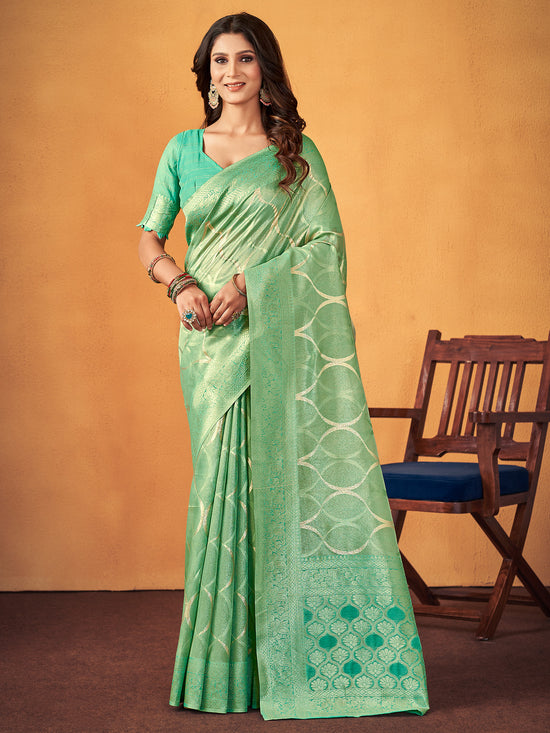 Saree Mall Women's Cotton Sea Green Woven Design Designer Saree With Blouse Piece-SMIKSHA88901