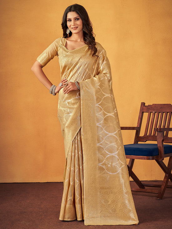 Saree Mall Women's Cotton Cream Woven Design Designer Saree With Blouse Piece-SMIKSHA88904