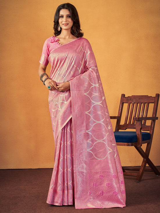 Saree Mall Women's Cotton Pink Woven Design Designer Saree With Blouse Piece-SMIKSHA88906