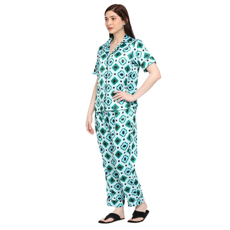 Smarty Pants Women's Silk Satin Green & White Color Geometric Printed Night Suit