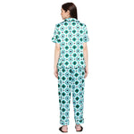 Smarty Pants Women's Silk Satin Green & White Color Geometric Printed Night Suit