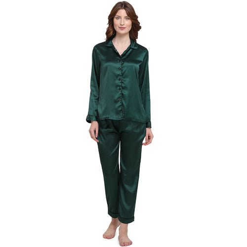 Smarty Pants Women's Silk Satin Solid Bottle Green Color Night Suit