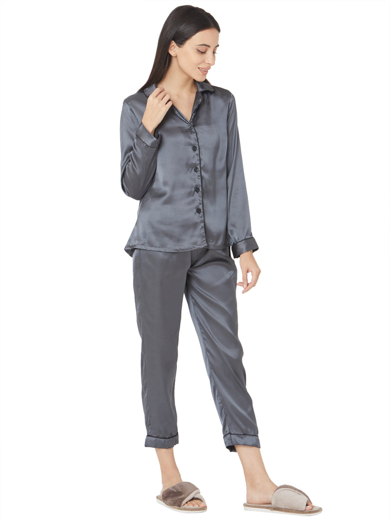 Smarty Pants Women's Silk Satin Dark Grey Night Suit
