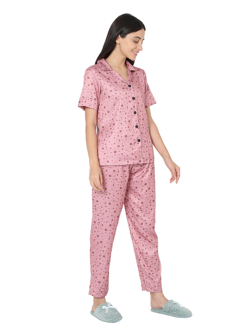 Smarty Pants Women's Silk Satin Mauve Pink Color Polka Dot Night Suit