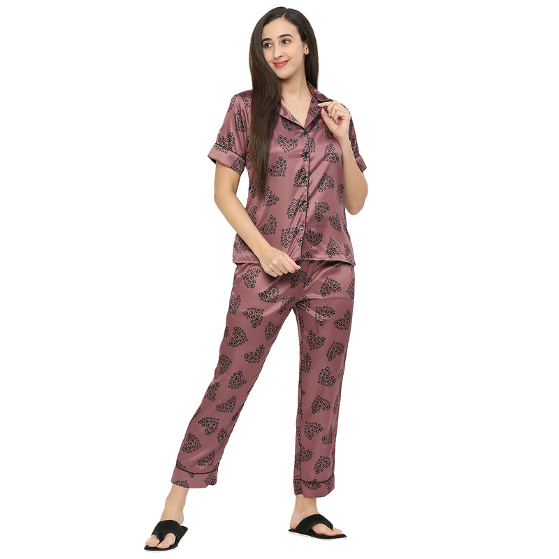 Smarty Pants Women's Silk Satin Chocolate Color Paw Print Night Suit