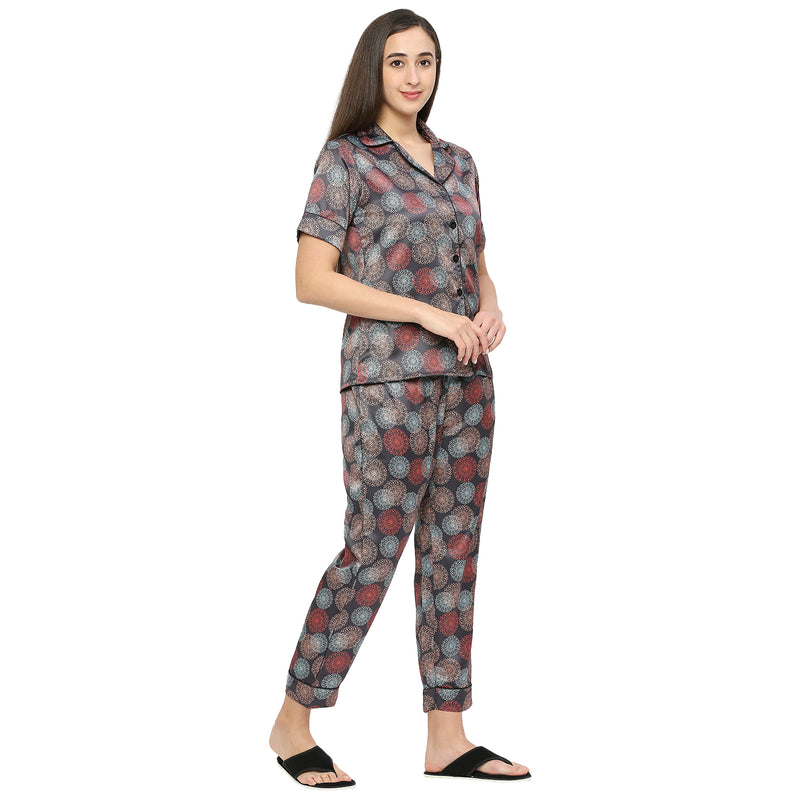 Smarty Pants Women's Silk Satin Grey Color Geometric Floral Print Night Suit
