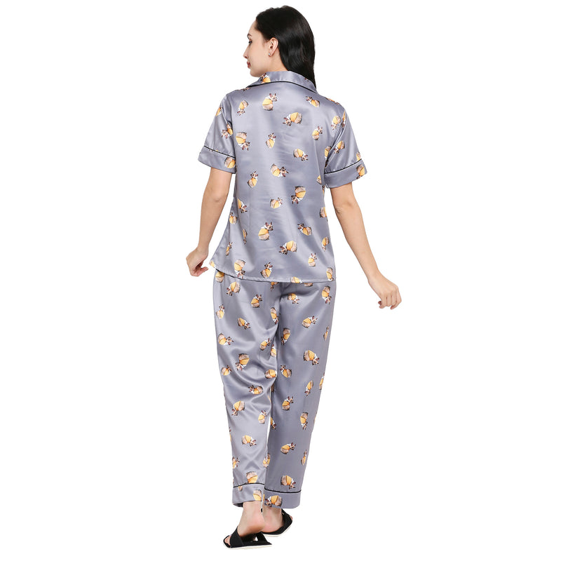 Smarty Pants Women's Silk Satin Grey Color Dog Printed Night Suit