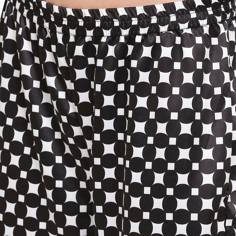 Smarty Pants Women's Silk Satin Black & White Color Geometric Printed Night Suit