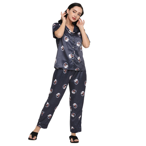 Smarty Pants Women's Silk Satin Grey Color Quirky Printed Night Suit