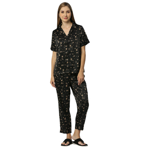 Smarty Pants Women's Silk Satin Black Color Star Print Night Suit