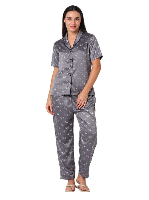 Smarty Pants Women's Silk Satin Grey Color Dog Print Night Suit