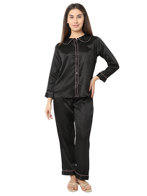 Smarty Pants Women's Silk Satin Black Color Night Suit