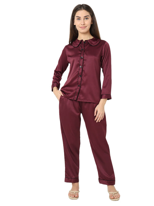Smarty Pants Women's Silk Satin Wine Color Night Suit