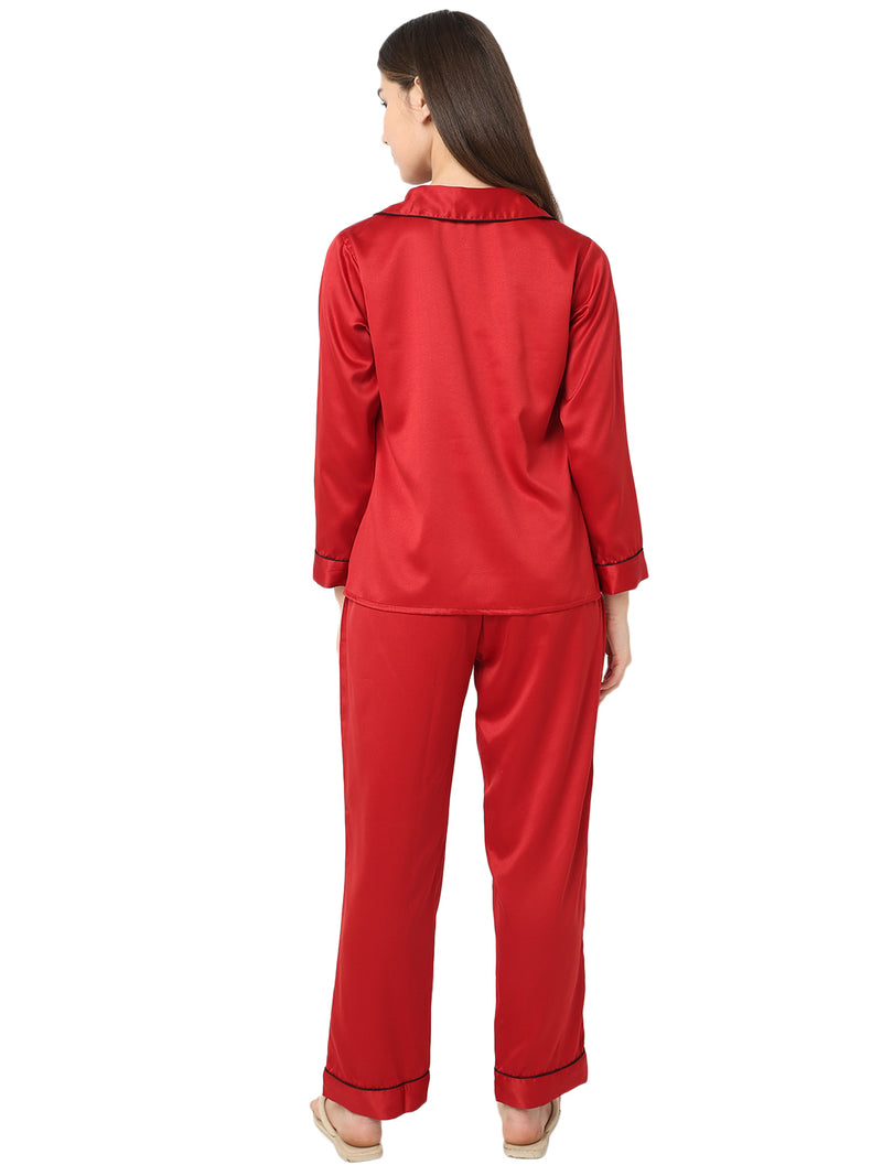 Smarty Pants Women's Silk Satin Maroon Color Night Suit