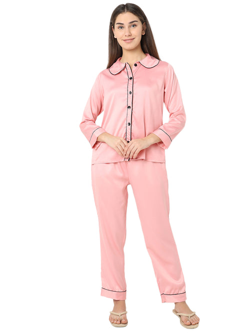 Smarty Pants Women's Silk Satin Baby Pink Color Night Suit