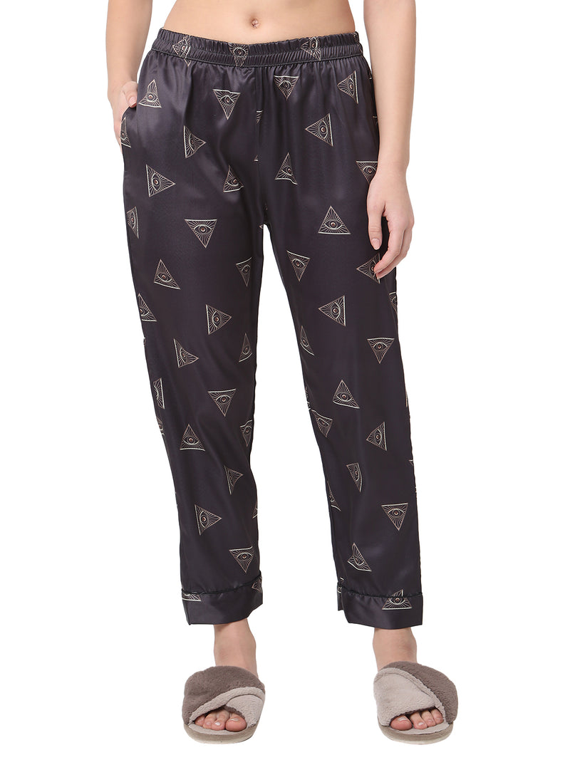Smarty Pants Women's Silk Satin Black Color Triangle Print Night Suit
