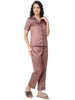 Smarty Pants Women's Silk Satin Chocolate Brown Color Aztec Printed Night Suit