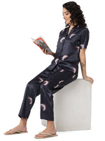 Smarty Pants Women's Silk Satin Teal Blue Color Moon Printed Night Suit