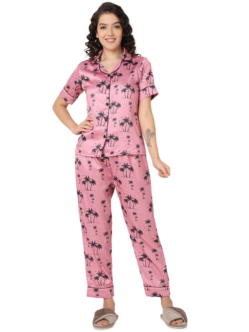 Smarty Pants Women's Silk Satin Pink Color Palm Tree Printed Night Suit