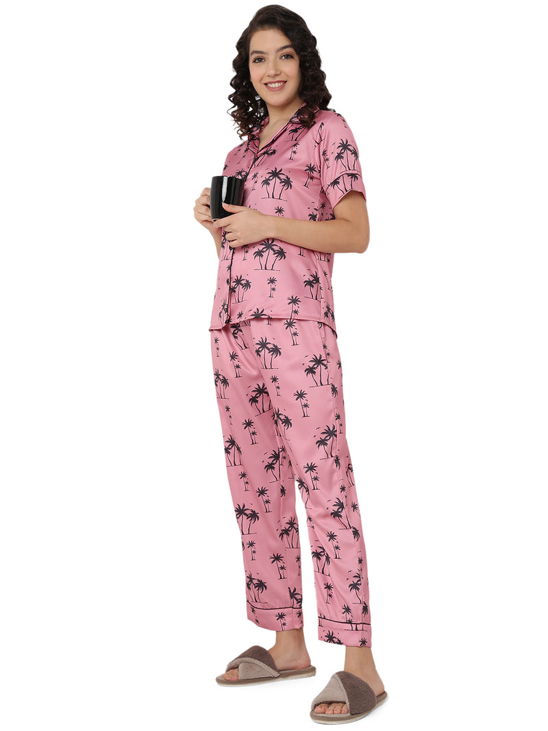 Smarty Pants Women's Silk Satin Pink Color Palm Tree Printed Night Suit