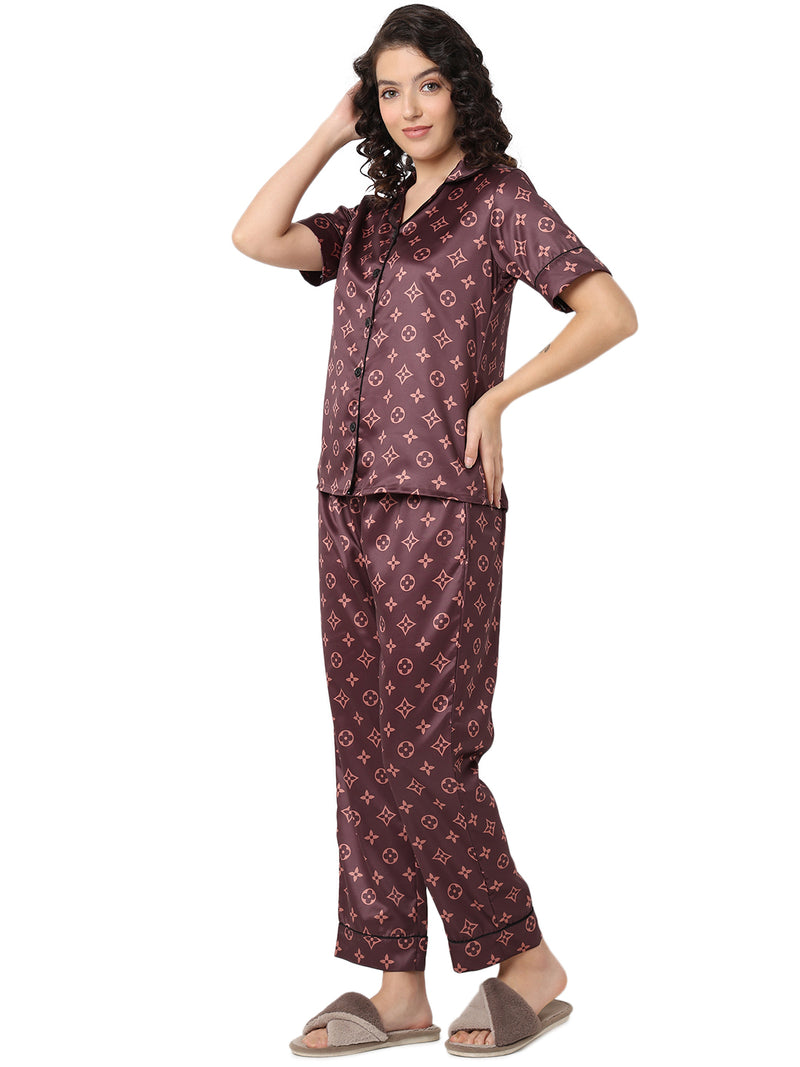 Smarty Pants Women's Silk Satin Brown Color Aztec Printed Night Suit