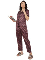 Smarty Pants Women's Silk Satin Brown Color Aztec Printed Night Suit