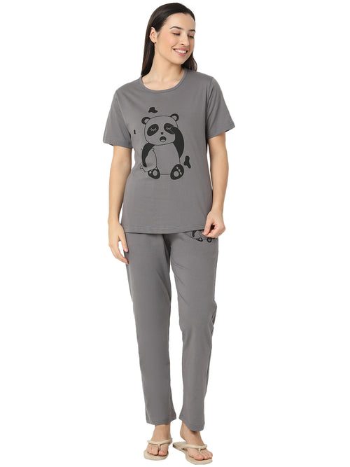 Smarty Pants Women's Cotton Lycra Grey Color Panda Print Night Suit