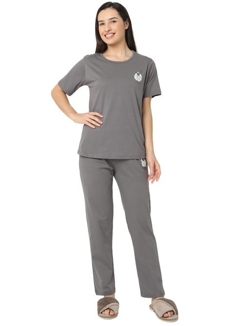 Smarty Pants Women's Cotton Lycra Grey Color Printed Night Suit