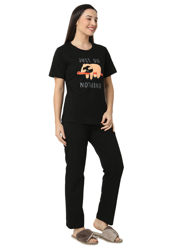 Smarty Pants Women's Cotton Lycra Black Color Printed Night Suit