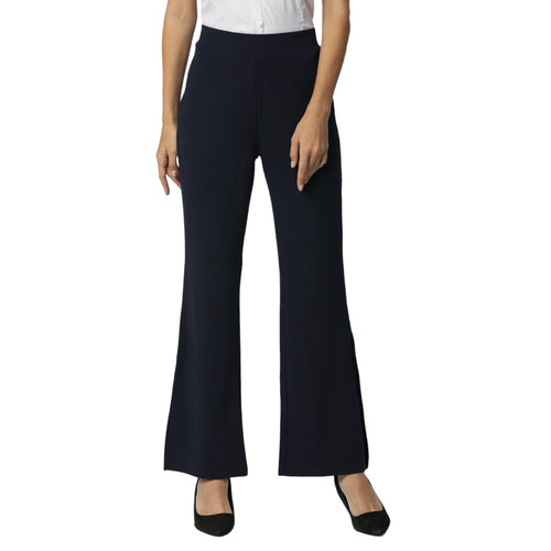 Smarty Pants Women's Polyester Lycra Slit Bell Bottom Navy Blue Formal Trouser
