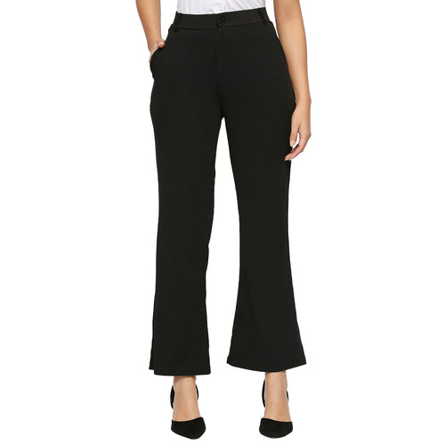 Smarty Pants Women's Cotton Lycra Bell Bottom Black Color Formal Trouser
