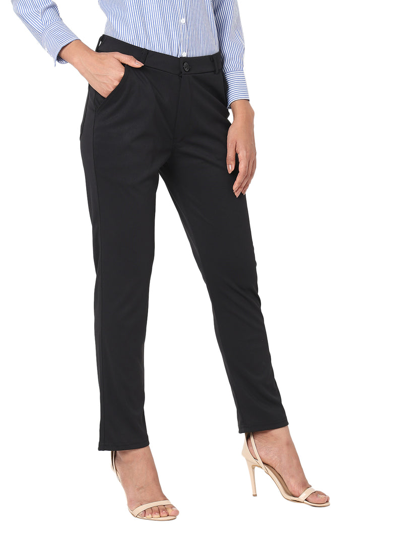 Smarty Pants Women's Cotton Lycra Ankle Length Straight Fit Black Formal Trouser