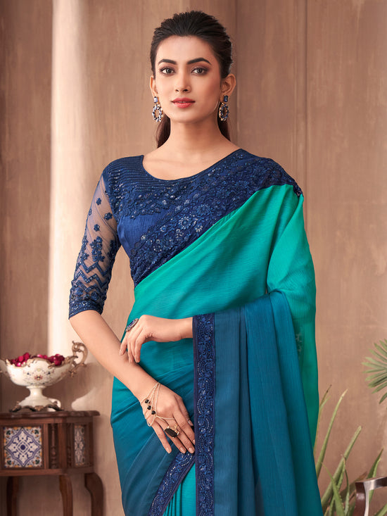 Saree Mall Women's Chiffon Teal Blue Embellished Designer Saree With Blouse Piece-SNDLWOD1109