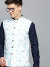 Men Mandarin Collar Printed White Nehru Jacket-SO-5073-Whiteblue