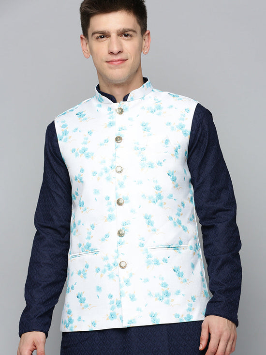 Men Mandarin Collar Printed White Nehru Jacket-SO-5073-Whiteblue