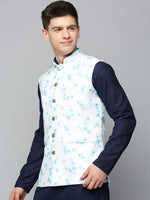 Men Mandarin Collar Printed White Nehru Jacket-SO-5073-Whiteblue