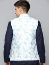 Men Mandarin Collar Printed White Nehru Jacket-SO-5073-Whiteblue